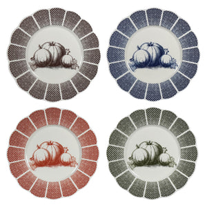 Set of four pumpkin scalloped melamine plates by patty rybolt with black pumpkin design on white ceramic porcelain