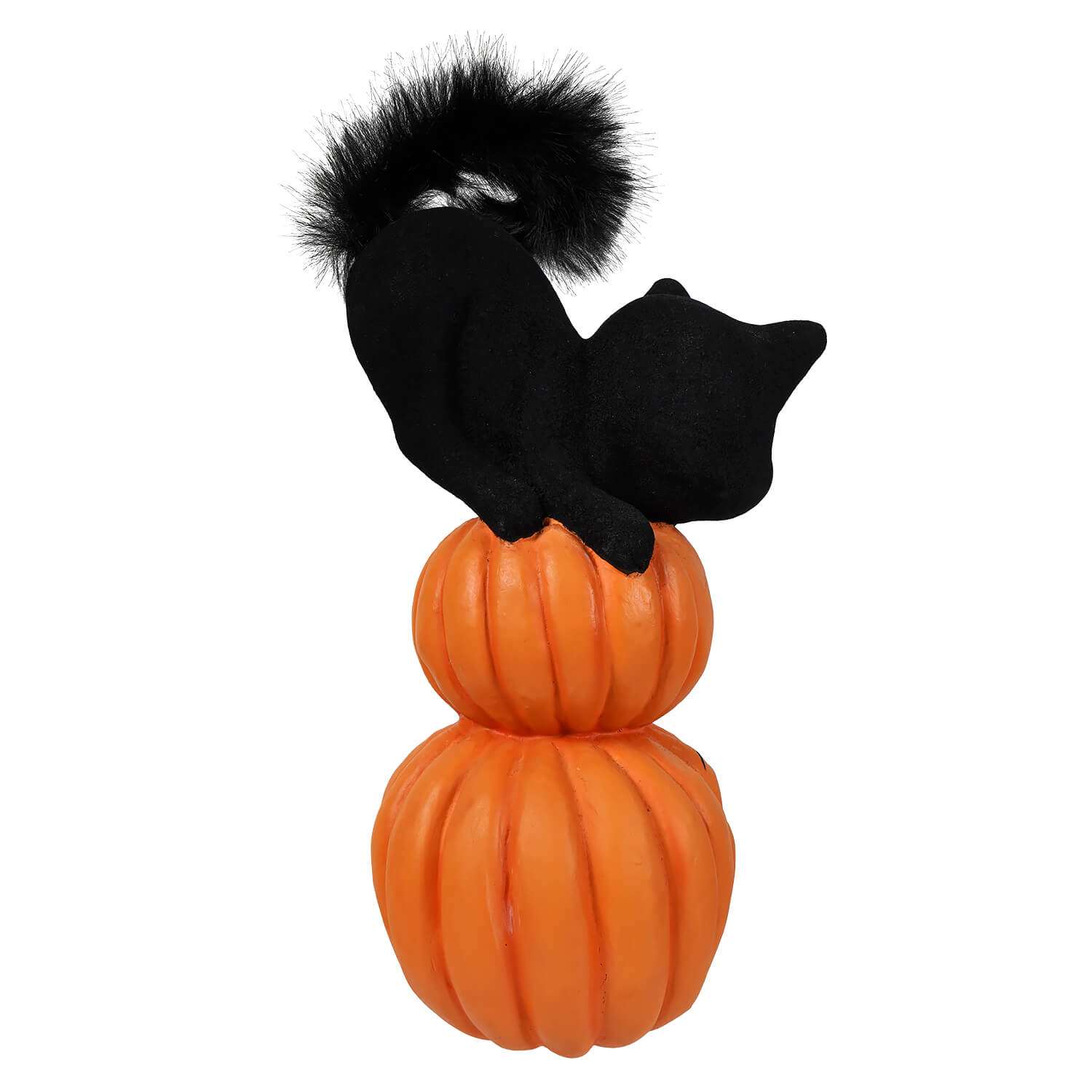 Black plush cat with fluffy tail perched on two stacked orange halloween pumpkins and gourds perfect for halloween cats decor