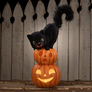 Black plush halloween cat perched on two stacked orange illuminated halloween pumpkins and gourds