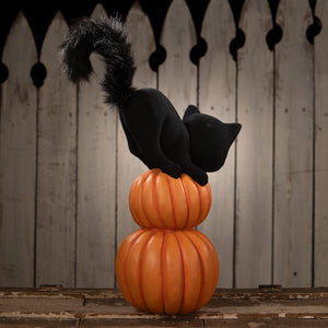 A plush black cat with a fluffy tail sitting on stacked orange halloween pumpkins and gourds perfect for halloween cats decor