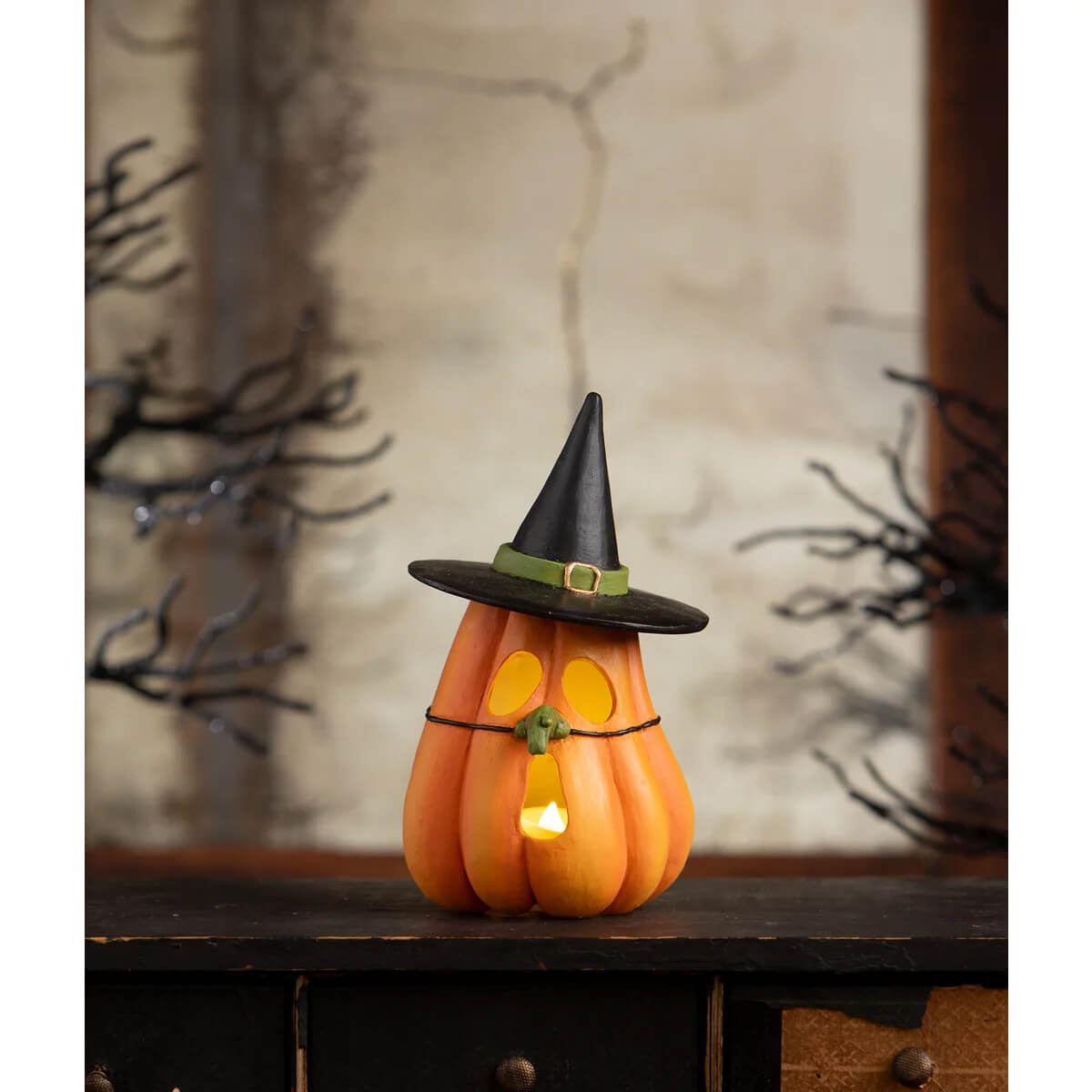 Orange pumpkin witch luminary by bethany lowe design with black hat and glowing eyes perfect witch luminary lights
