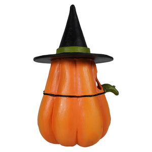 Orange pumpkin witch luminary birdhouse with black witch hat and green band by bethany lowe design with witch luminary lights