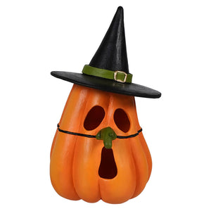 Orange pumpkin witch luminary birdhouse with black witch hat and carved face by bethany lowe design and witch luminary lights