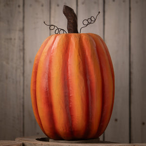 A hand-painted orange pumpkin with vertical stripes and dark brown wire stem and vines halloween pumpkins and gourds pumpkin with bats