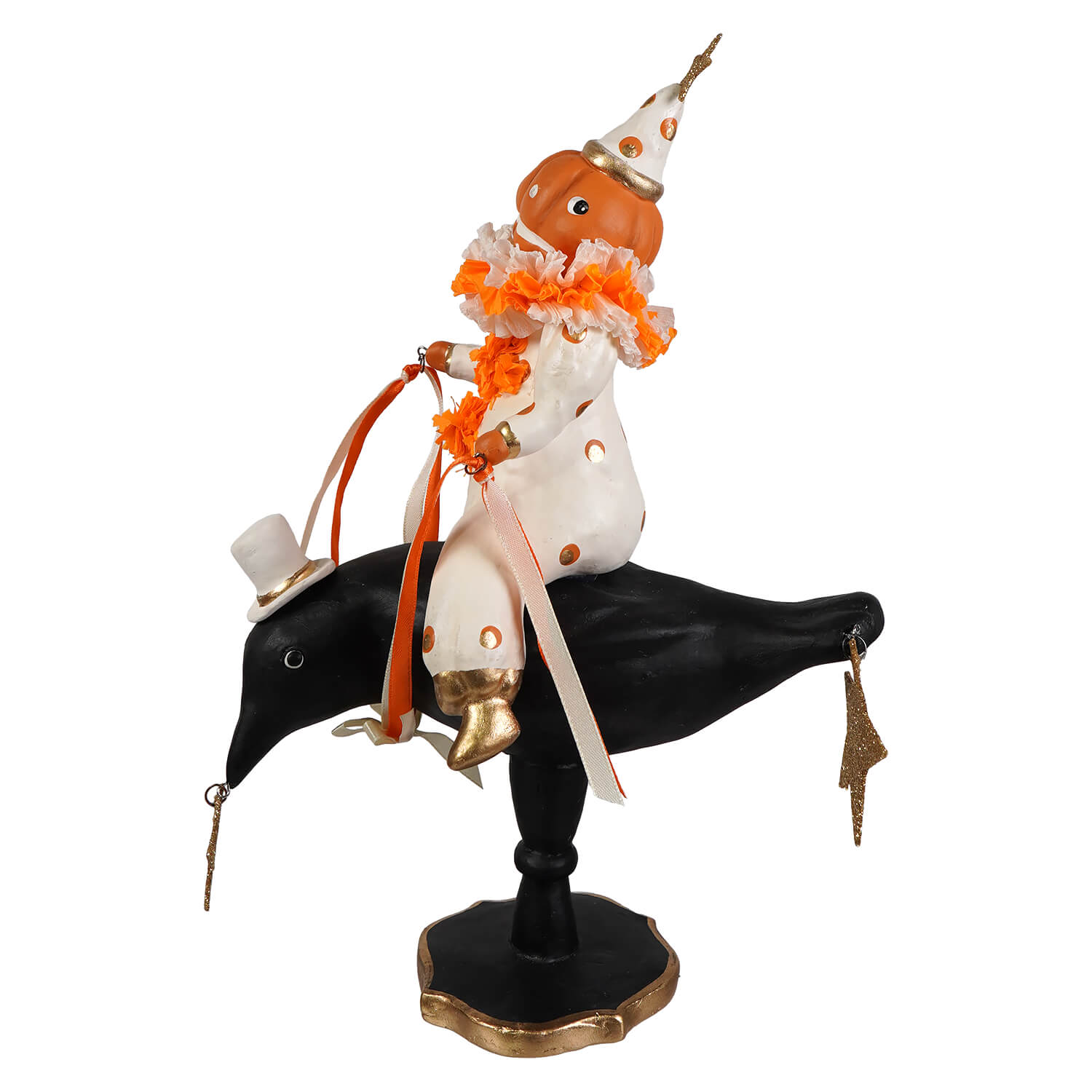 Orange and white polka-dotted pumpkinhead clown figurine riding a black crow with gold accents jack o lantern decor