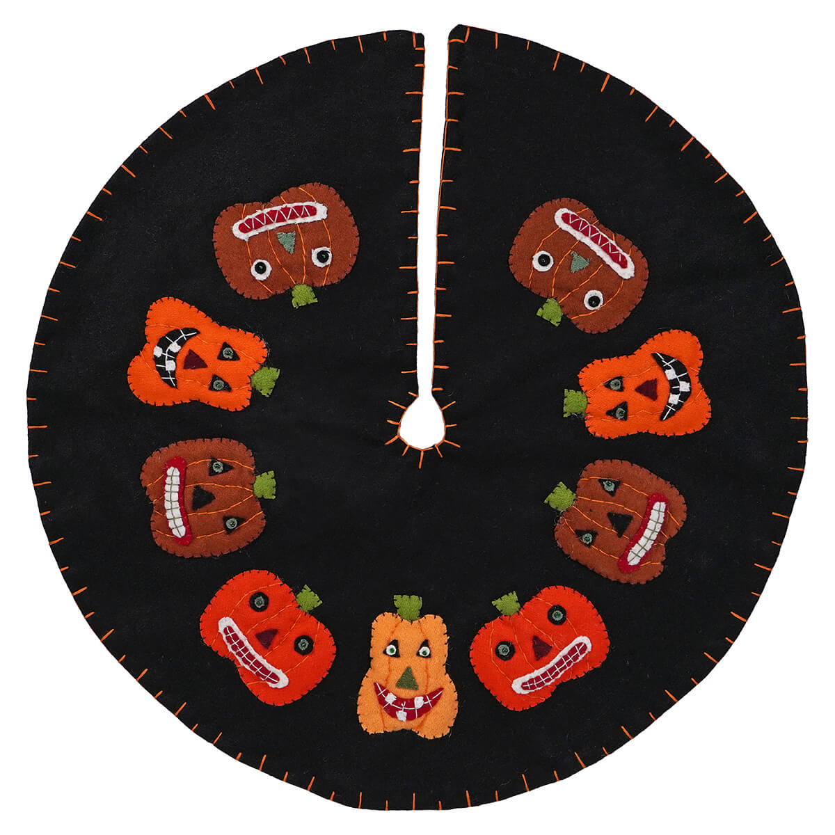 Black felt halloween circle tree skirt with embroidered orange and brown pumpkins featuring stitched faces and green stems