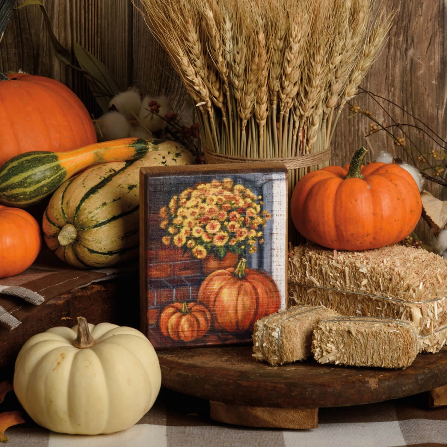 Pumpkins On Porch Steps Block Sign - Halloween