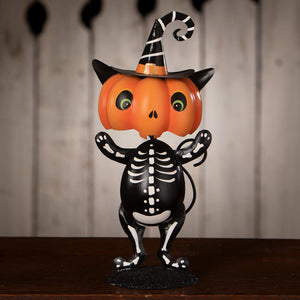 Orange pumpkin-headed skelly cat figurine wearing black and white striped witch hat halloween skeleton decor figure