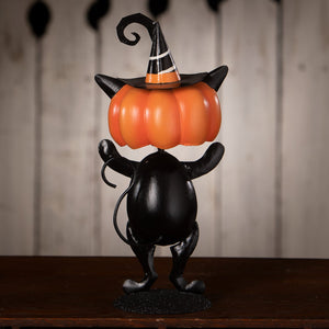 Black skelly cat figurine with bright orange pumpkin head and striped witch hat perfect for halloween cats decor