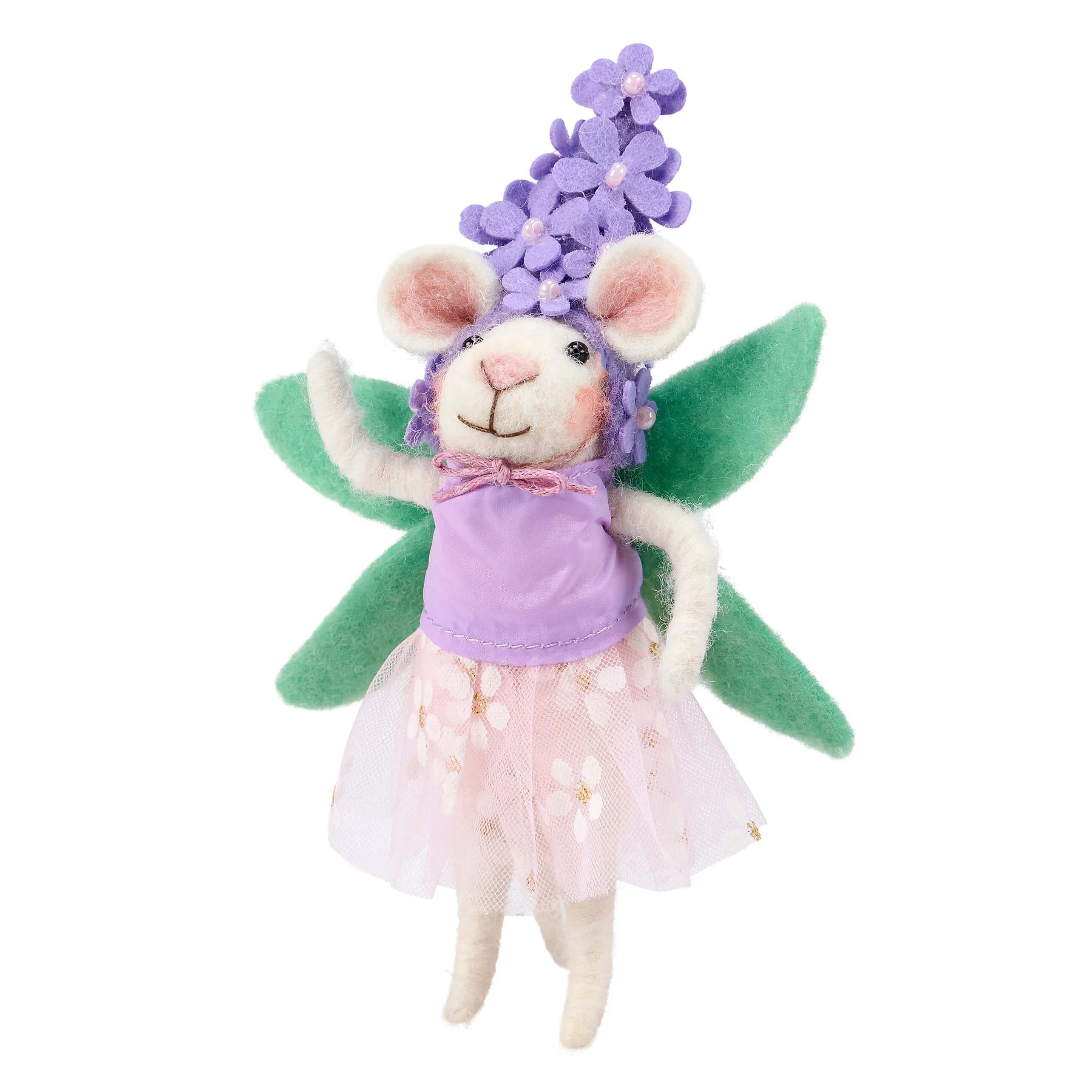 A whimsical needle-felted mouse critter with white fur, green felt wings, and lavender floral crown for easter and spring tabletop decor