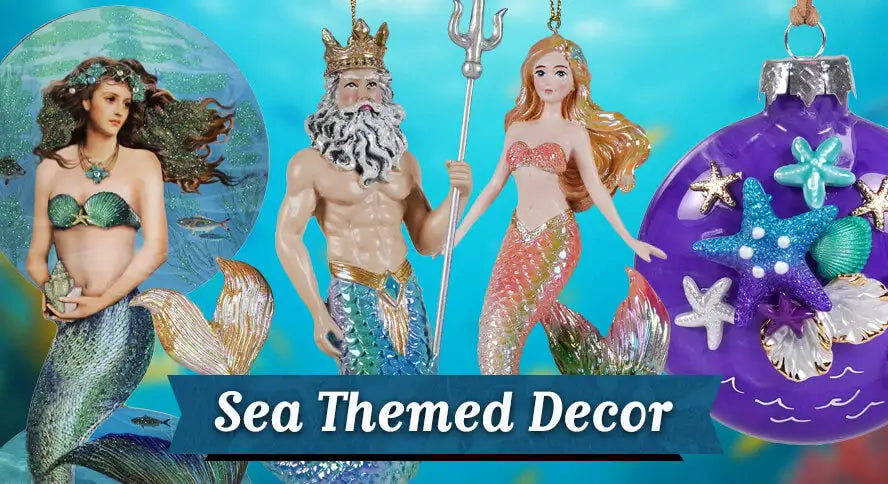 Shop Sea Themed Decor. The image features mermaid ornaments and decorations. 