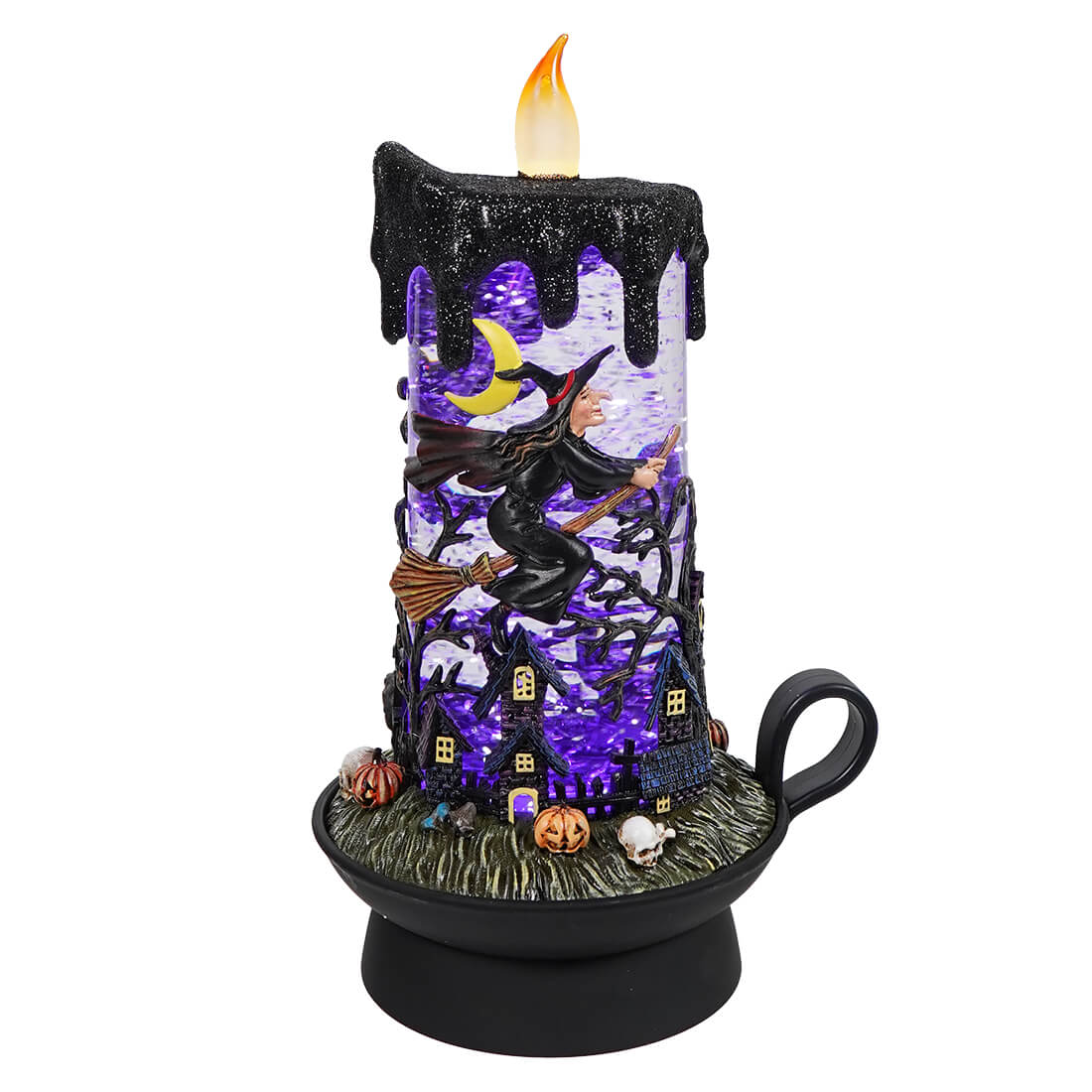 Purple Lighted Spinning Water Globe Witch & Haunted House Flickering Candle - Halloween