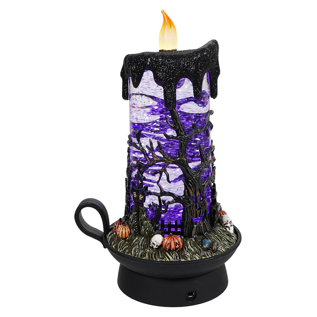 Purple Lighted Spinning Water Globe Witch & Haunted House Flickering Candle - Halloween