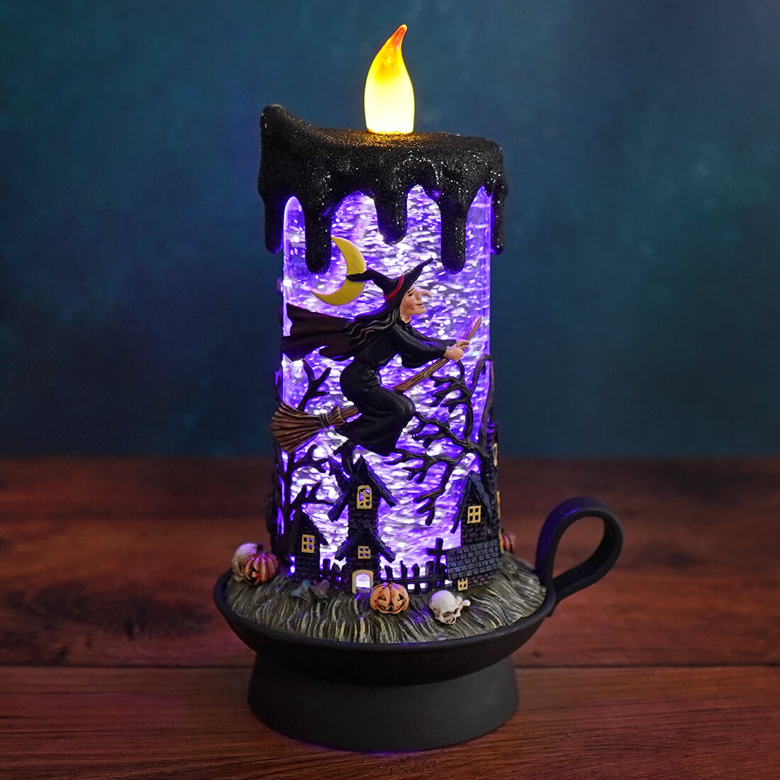 Purple Lighted Spinning Water Globe Witch & Haunted House Flickering Candle - Halloween