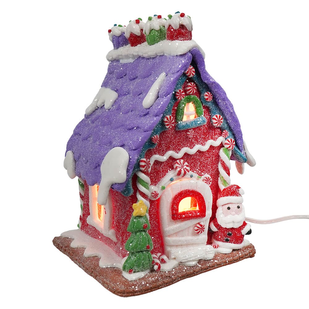 Purple & Red Lighted Gingerbread House With Santa