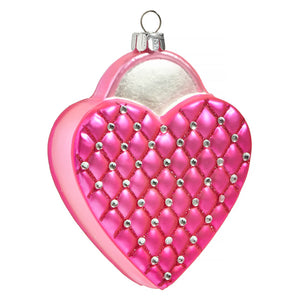 Quilted pink heart shaped ornament with silver rhinestones blush glass heart purse ornament with metallic hanger