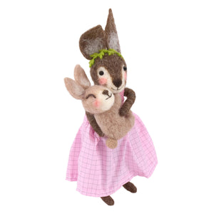 Needle-felted rabbit mother critter figurine with baby rabbit, pink checkered dress, and green felt leaves in hair