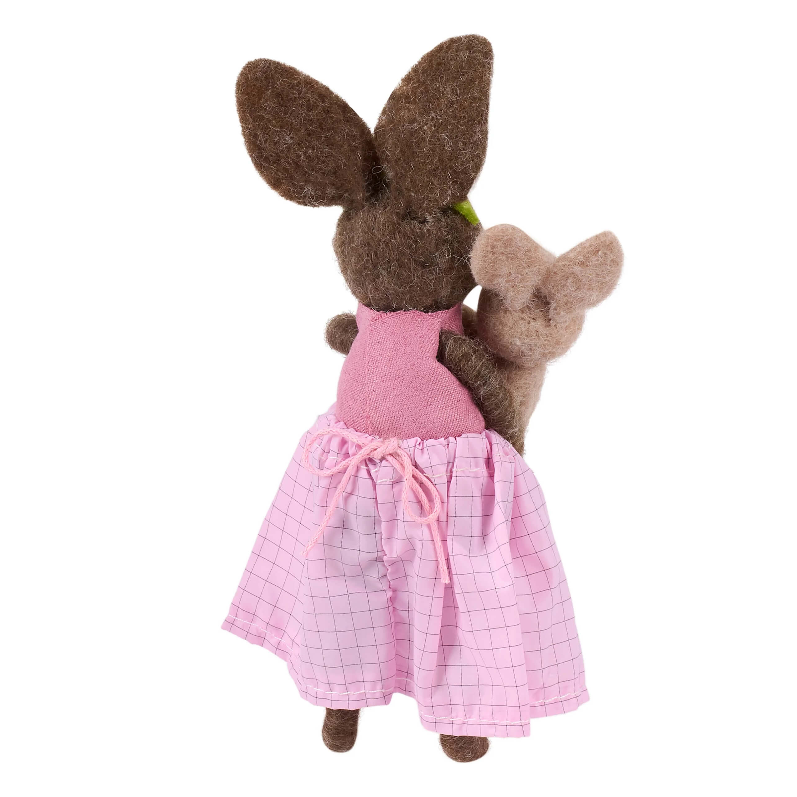 Brown felt rabbit mother critter plush toy in pink checkered dress with knit top and tied waist