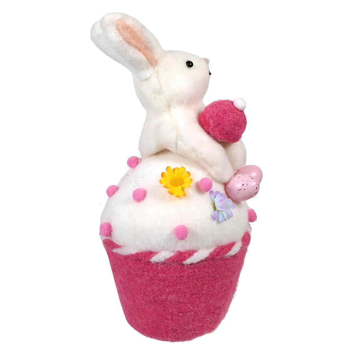 Decorative pink and white cupcake plush with a bunny rabbit on top.