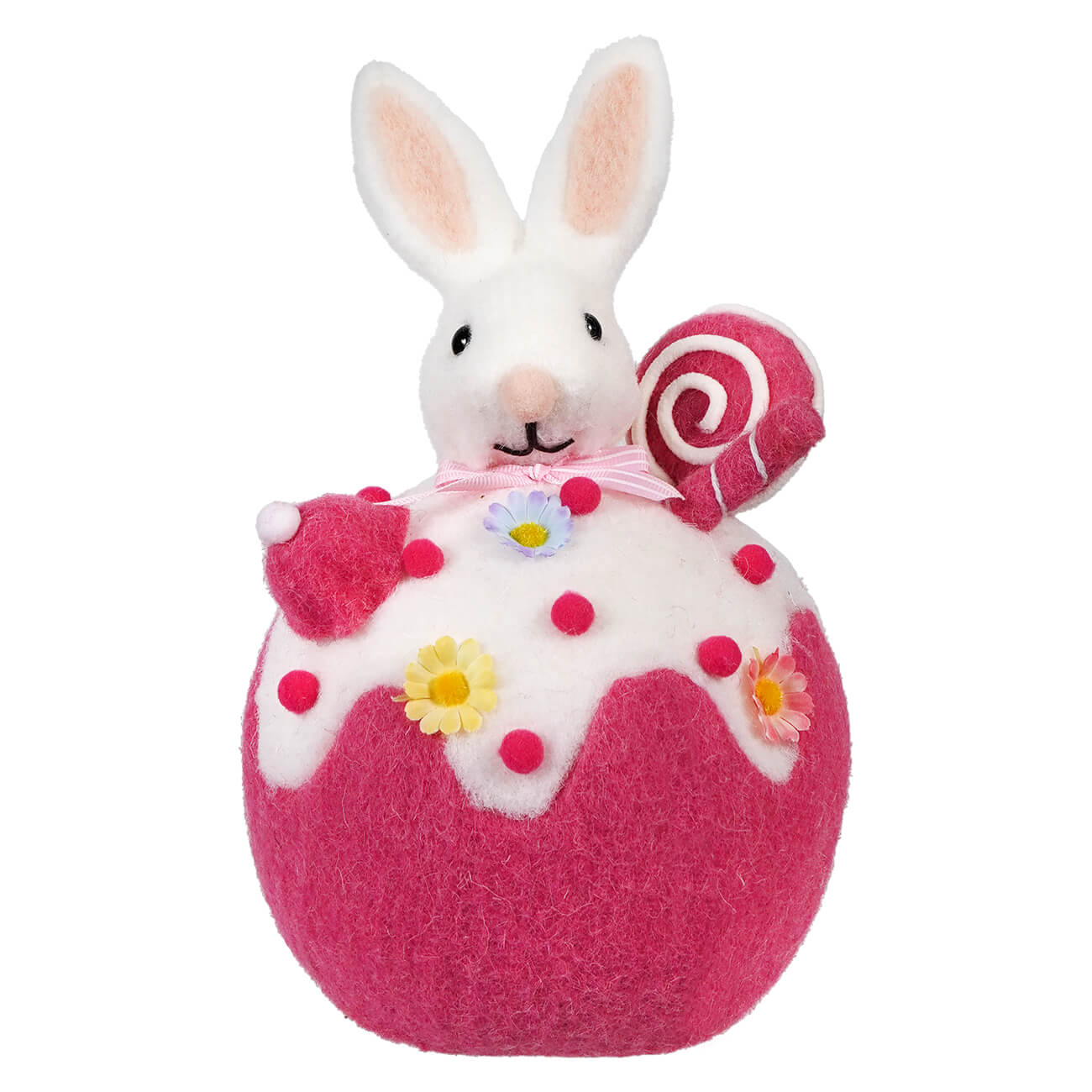 White plush bunny sitting in a pink decorated cupcake ornament.