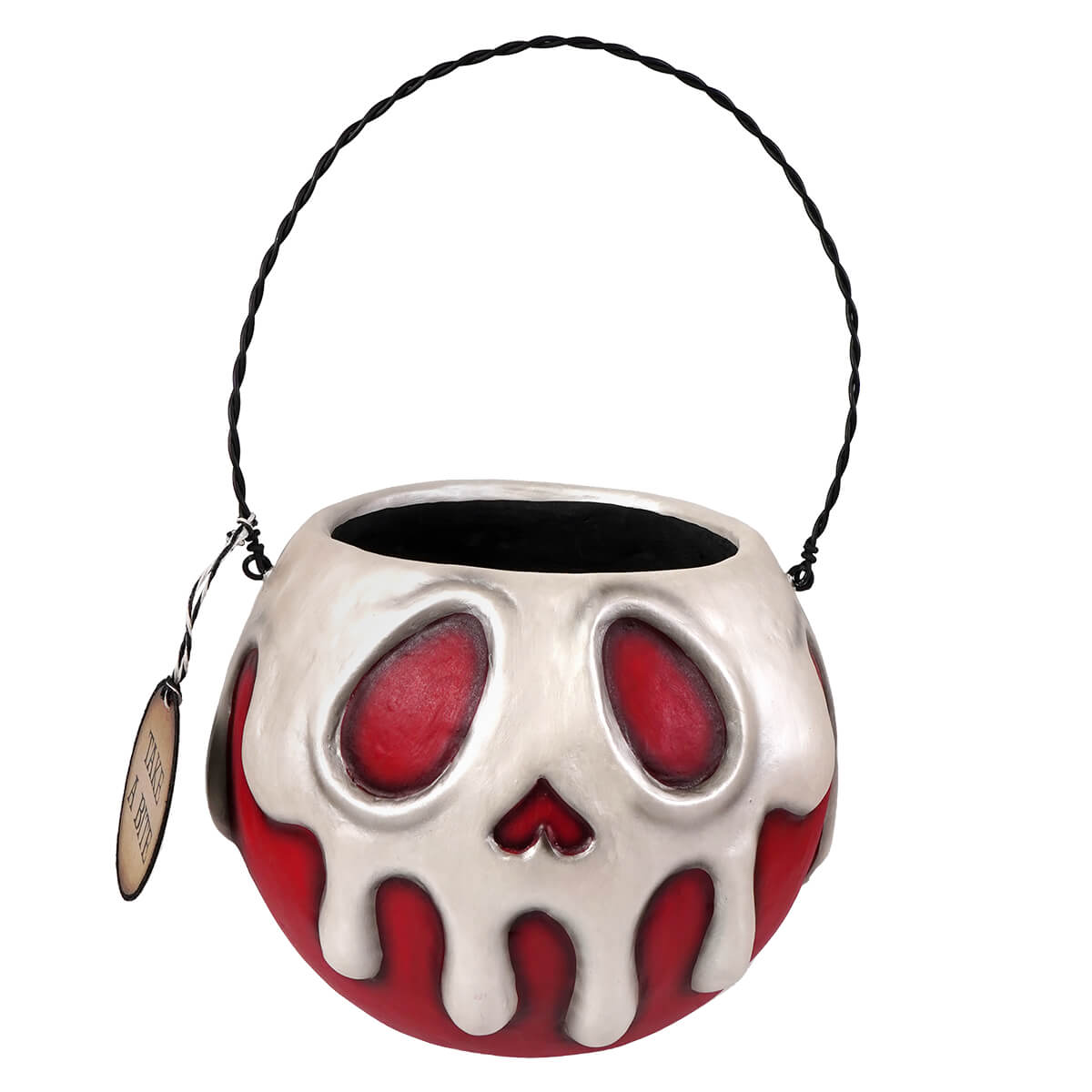 Red apple with white poison bucket halloween bucket featuring skull shape and black twisted wire handle