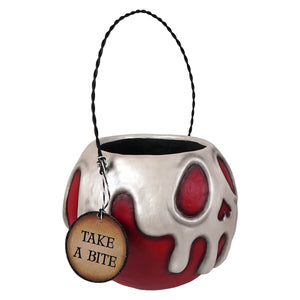 Halloween bucket shaped like a skull with glossy red and white paint and a black twisted handle, not a green poison bucket