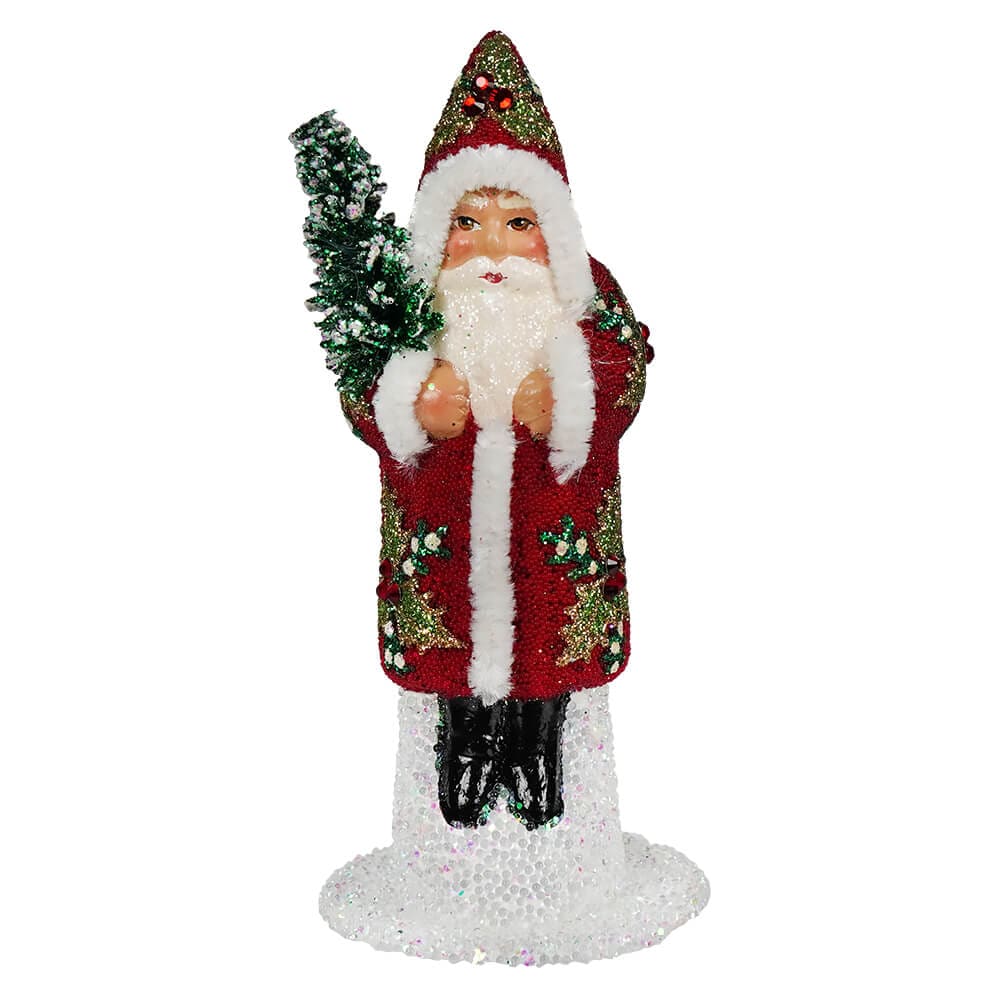 Red Beaded Holly Santa Holding Tree