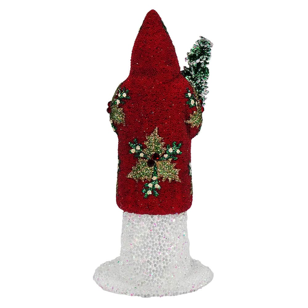 Red Beaded Holly Santa Holding Tree