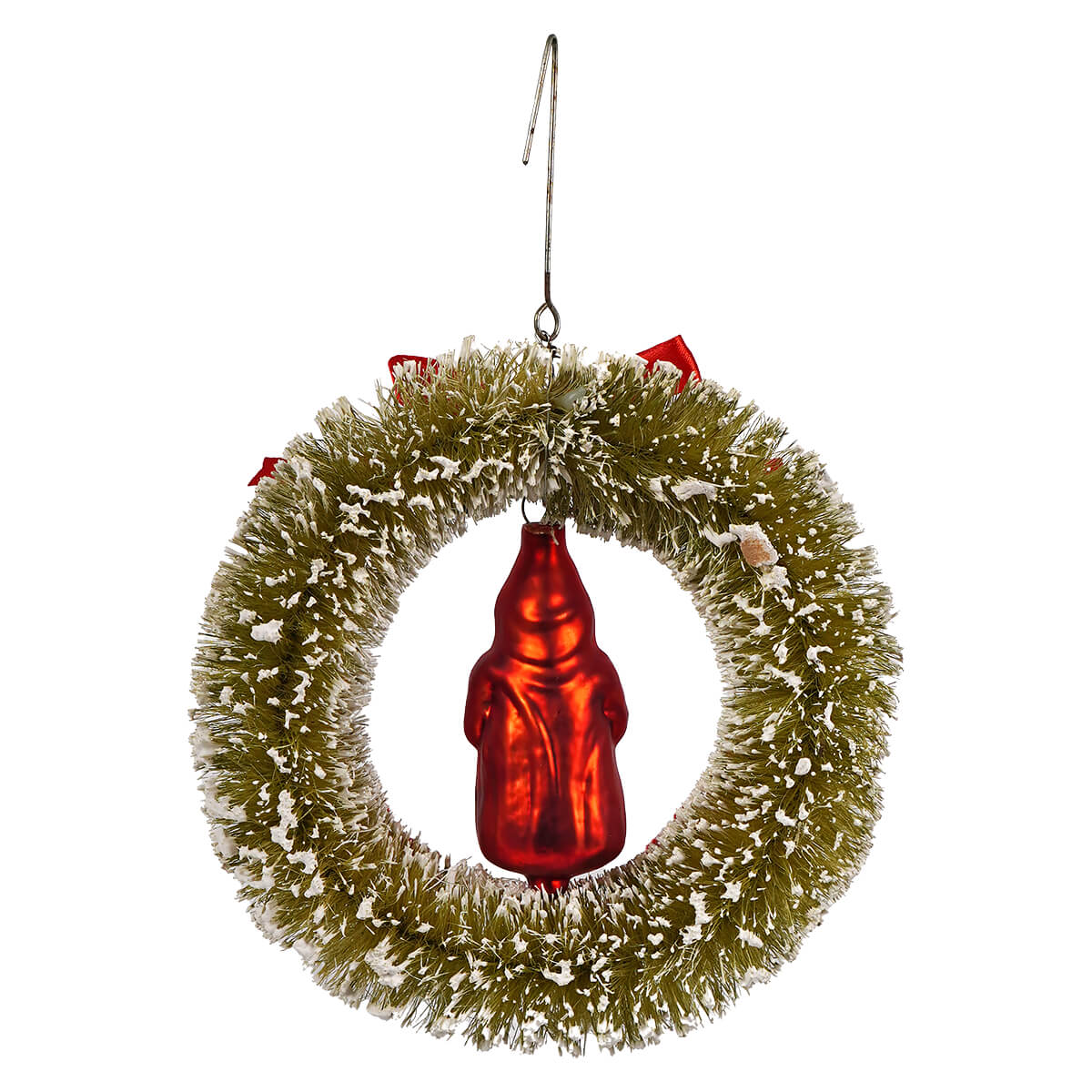 Red belsnickle wreath ornament by bethany lowe featuring green frosted stems with a shiny red glass gnome centerpiece