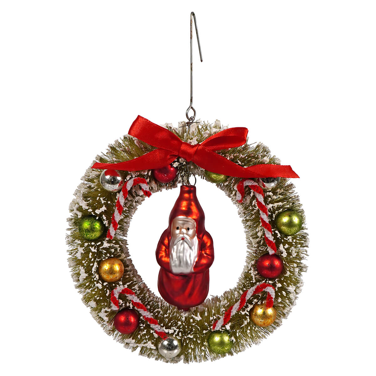 A festive red glass santa claus ornament in a bethany lowe christmas wreath with candy canes and ribbon bow