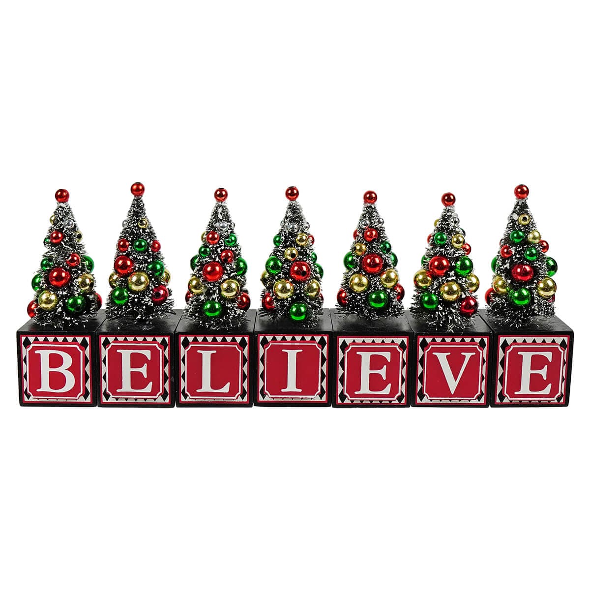 Red & Black Harlequin Believe Blocks With Bottle Brush Trees Set/7