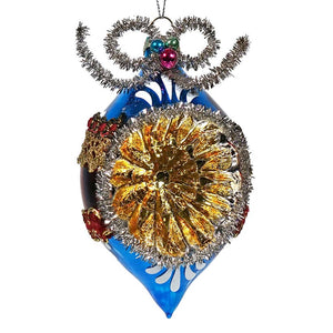 Red, Blue & Gold Tinseled Reflector Finial Ornament
