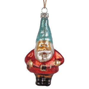 A festive mercury glass gnome ornament with a glittery teal hat red coat and gold accents perfect as a blue mercury glass decor piece