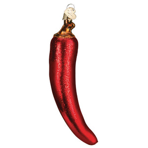 A glossy red glass chili pepper ornament with gold-tipped stem and silver loop perfect for chili pepper ornaments decor