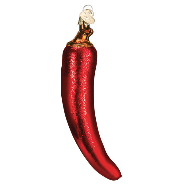 A glossy red glass chili pepper ornament with gold-tipped stem and silver loop perfect for chili pepper ornaments decor