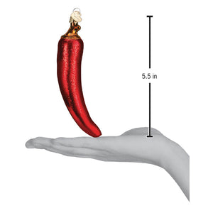 A glossy red glass chili pepper ornament with a gold-tipped stem perfect for chili pepper ornaments or figural decor