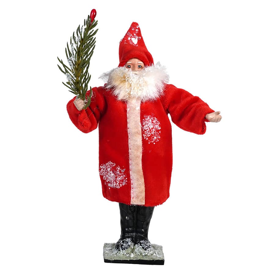 Red Coat Glittered Vintage Santa Holding Tree