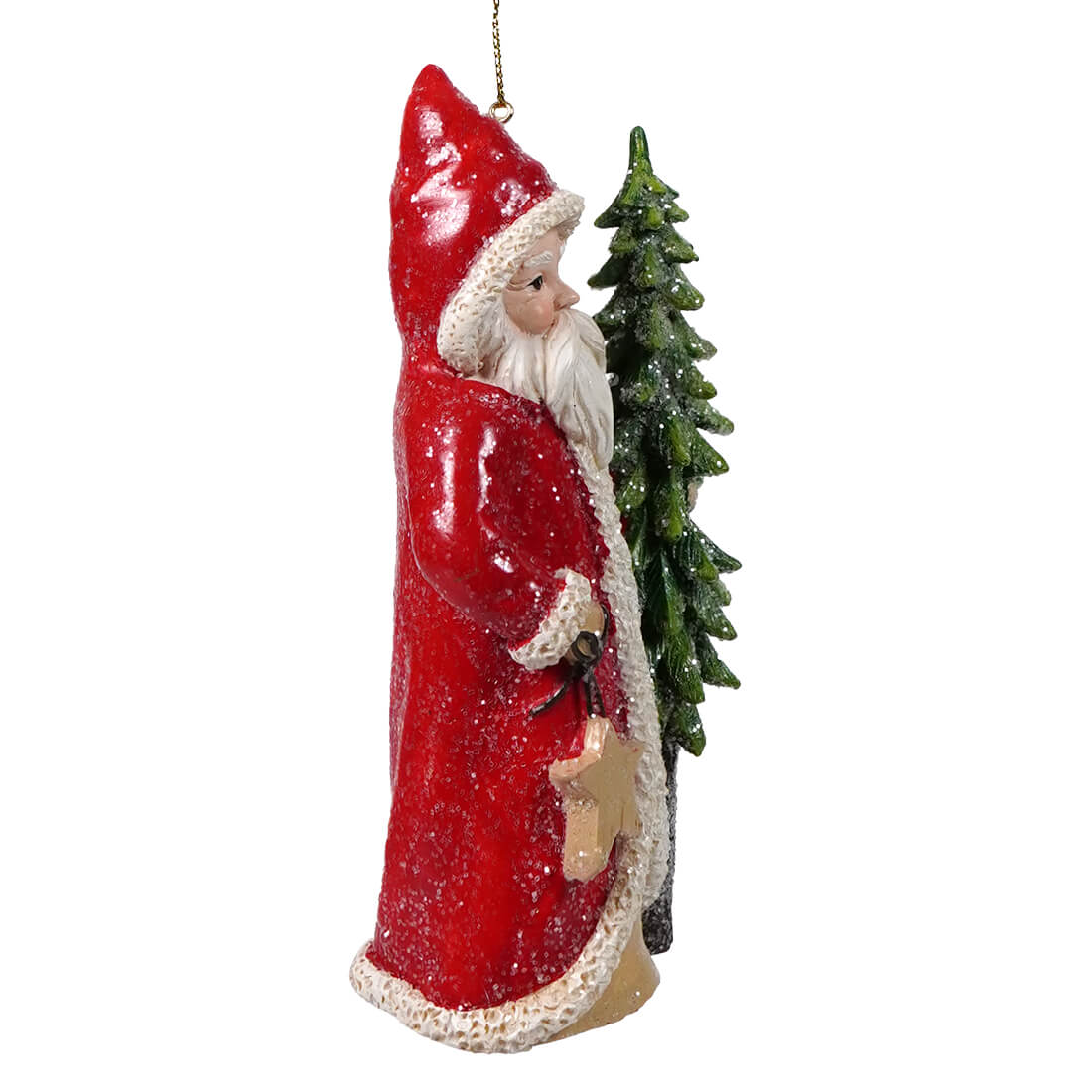 Red coat santa holding tree and star ornament with white fur trim and glittery texture is a festive holly santa ornament