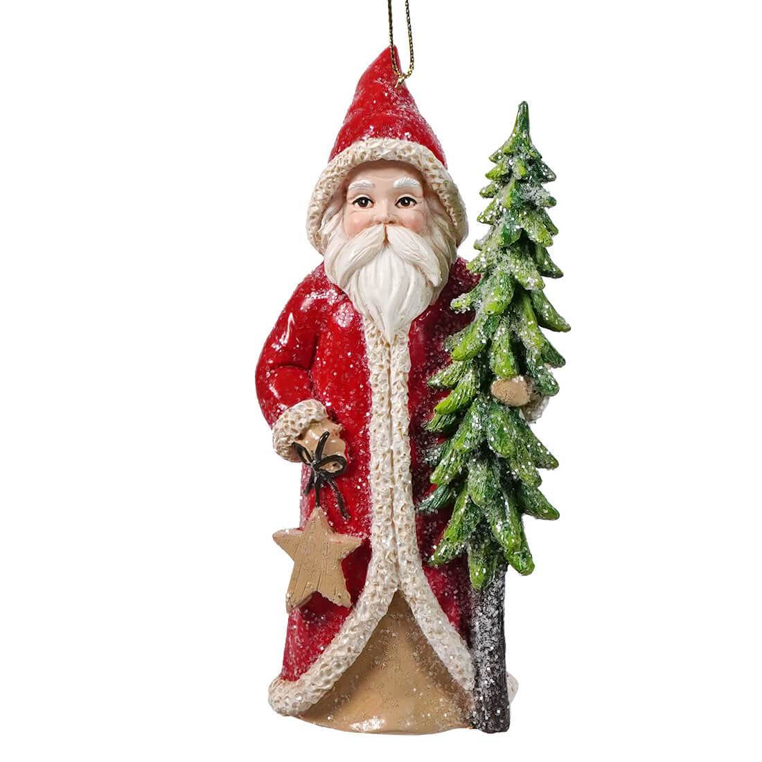 Red coat santa holding tree and star holly santa ornament with snow dusted green pine tree for holiday decor