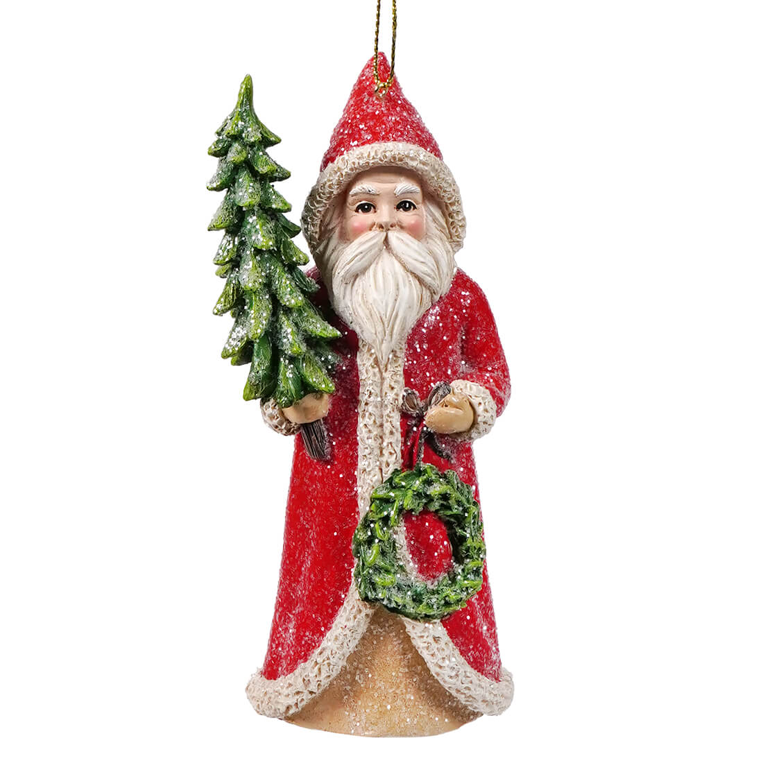 Red coat santa holding tree and wreath ornament with red glitter holly santa ornament perfect for holiday decor