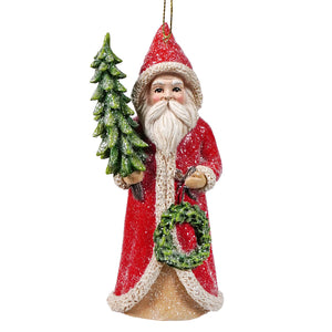 Red coat santa holding tree and wreath ornament with red glitter holly santa ornament perfect for holiday decor