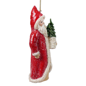Red coat santa ornament with glitter holding a small green tree in a woven basket perfect as a holly santa ornament