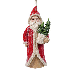 Red coat santa holding trees ornament with glittery red and white holly santa ornament holding a potted evergreen tree