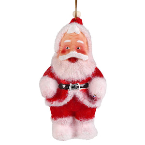 Red and white fuzzy santa claus glass ornament with black belt cody foster masked santa 2020 ornament