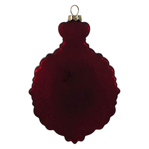 Deep red glass red glass virgin mary ornament with scalloped edge and gold metal cap for nativity and religious ornaments