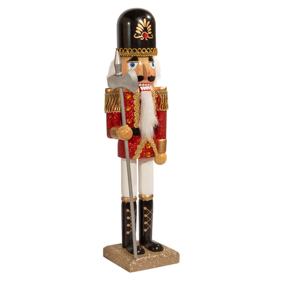 Red & Gold Glittered Soldier Nutcracker Yielding Axe