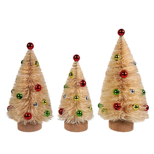 Three beige bristle bottle brush trees with red green and silver ornaments vintage christmas village trees set of 3