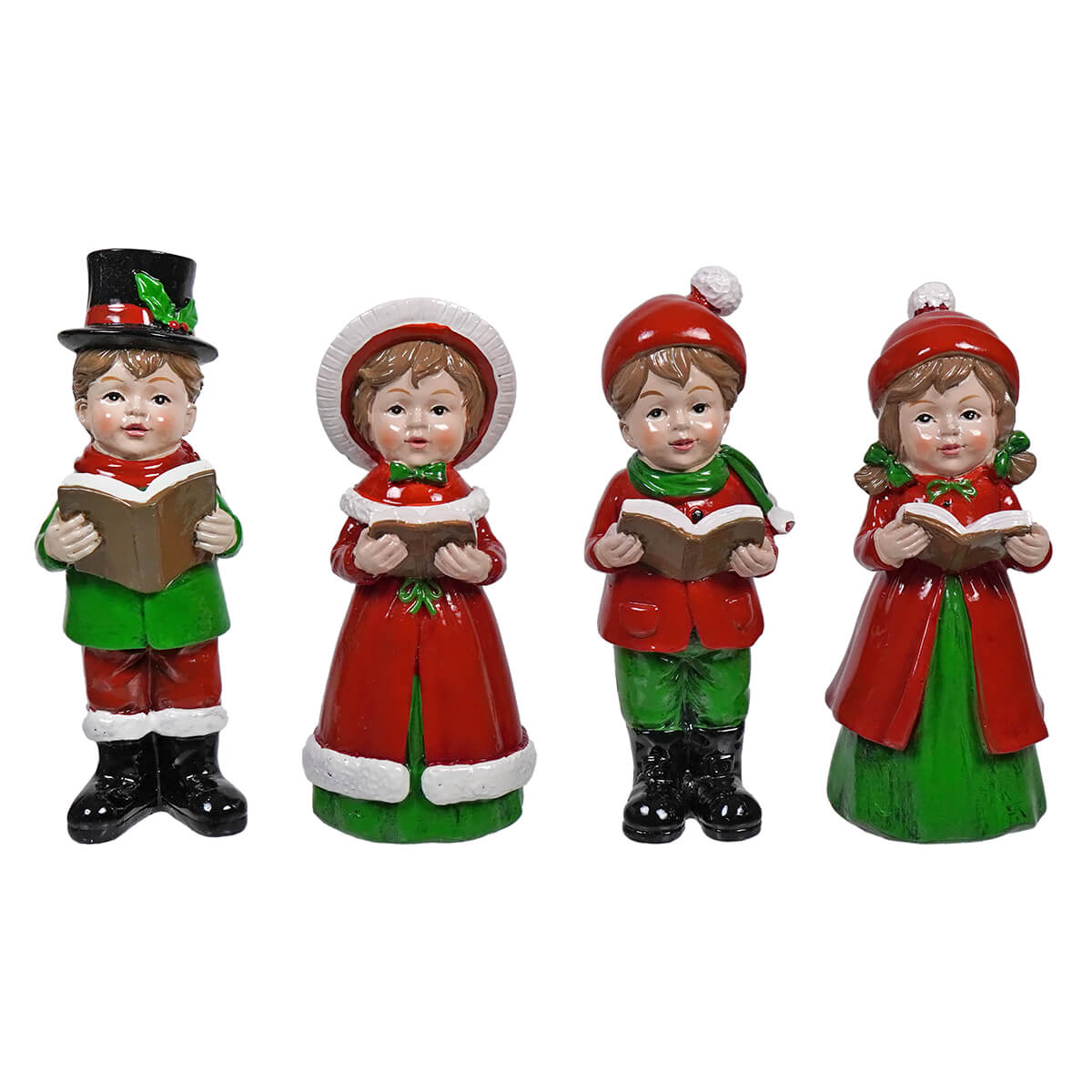 Red Green & White Dressed Vintage Children Carolers Set/4 - Christmas