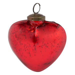 Red glass heart ornament with vintage-inspired speckled finish and brass-colored metal cap perfect for heart ornaments