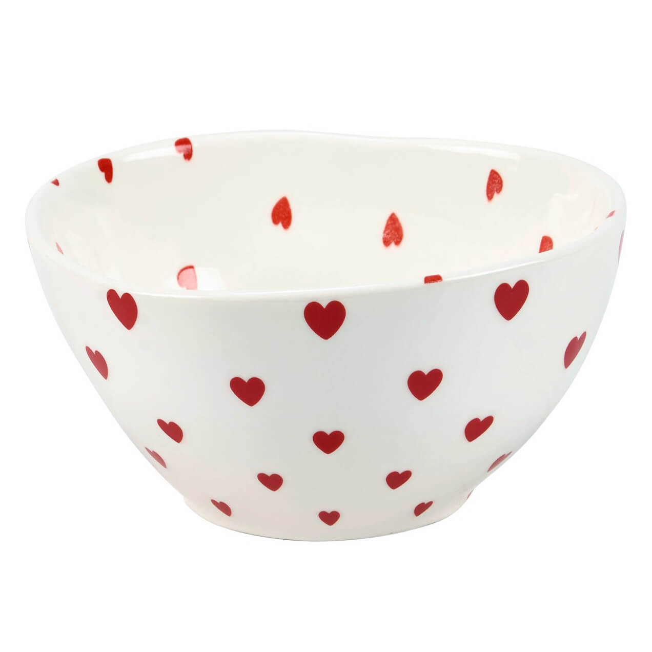 White ceramic bowl decorated with red heart patterns.